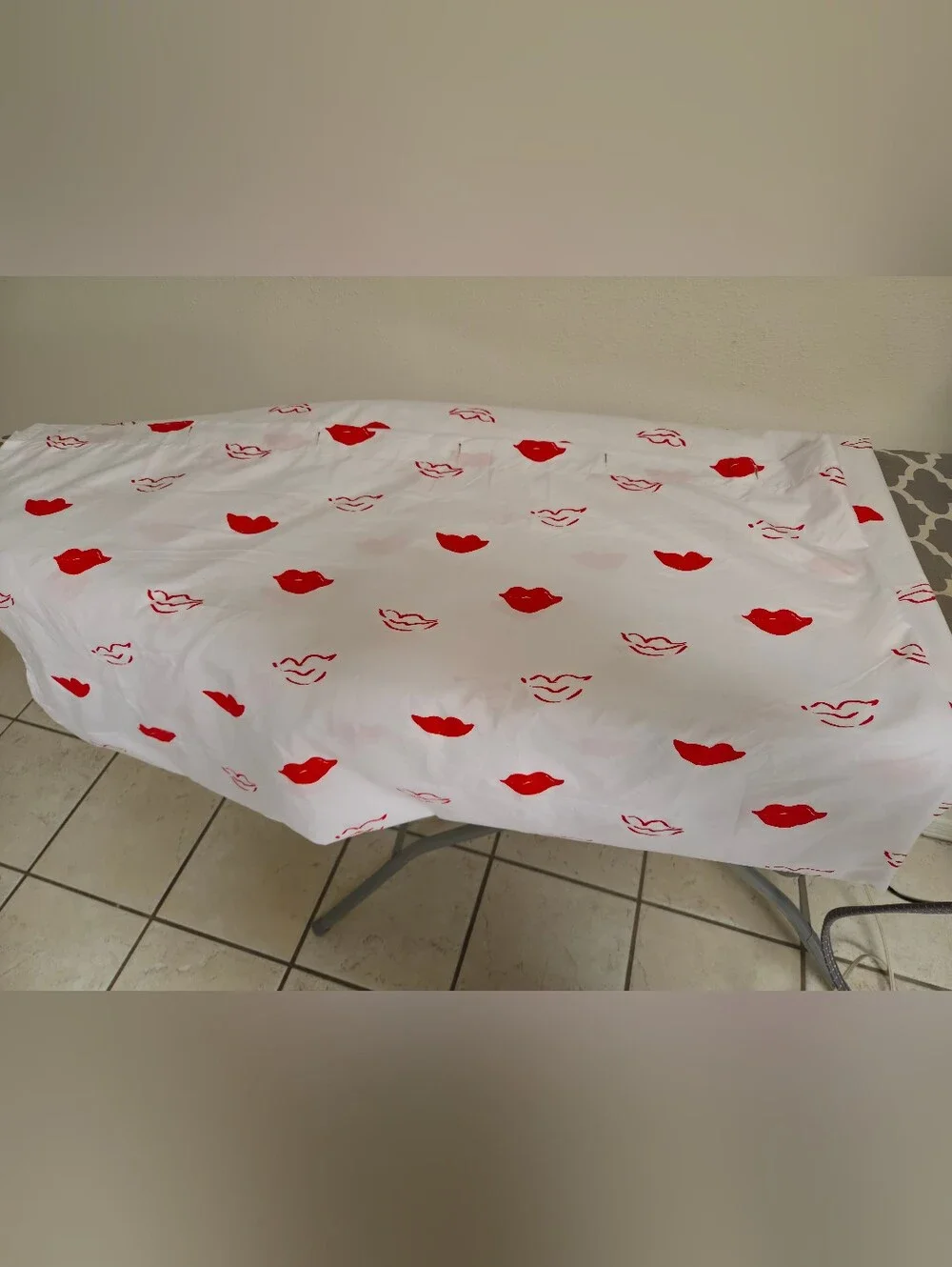 White Shower Curtin with Red Lip Print